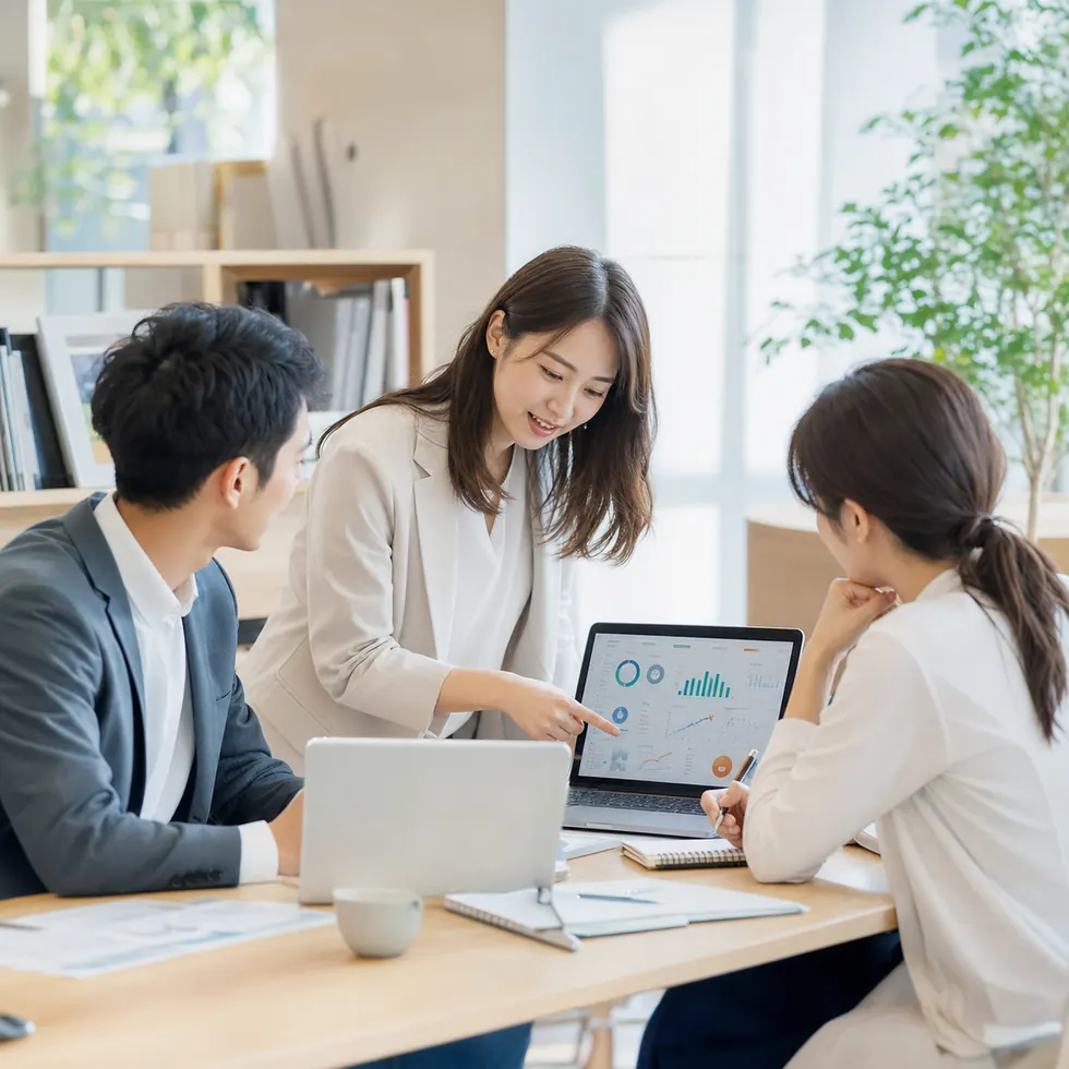 オフィスで優しくマーケティングをレクチャーしている様子